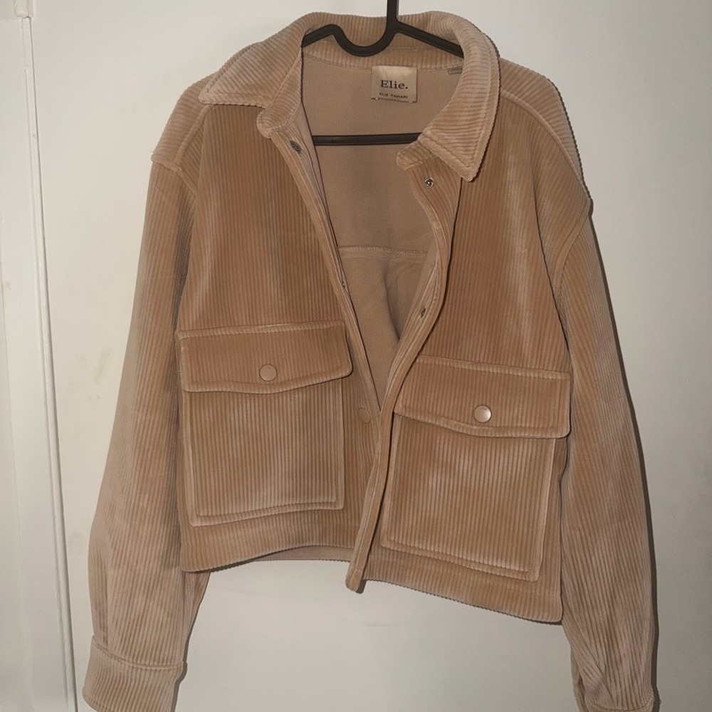Elie Tahari Tan Corduroy Cropped Trucker Jacket